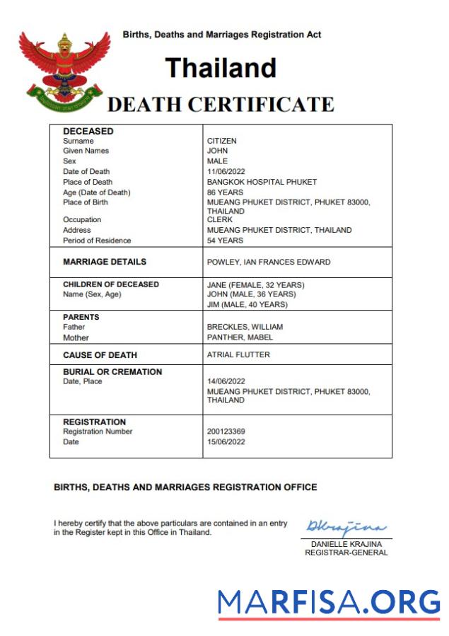 Blank Thailand death certificate Word and PDF template